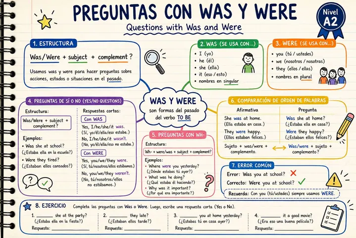 Mapa mental: Preguntas con was y were, Nivel A2